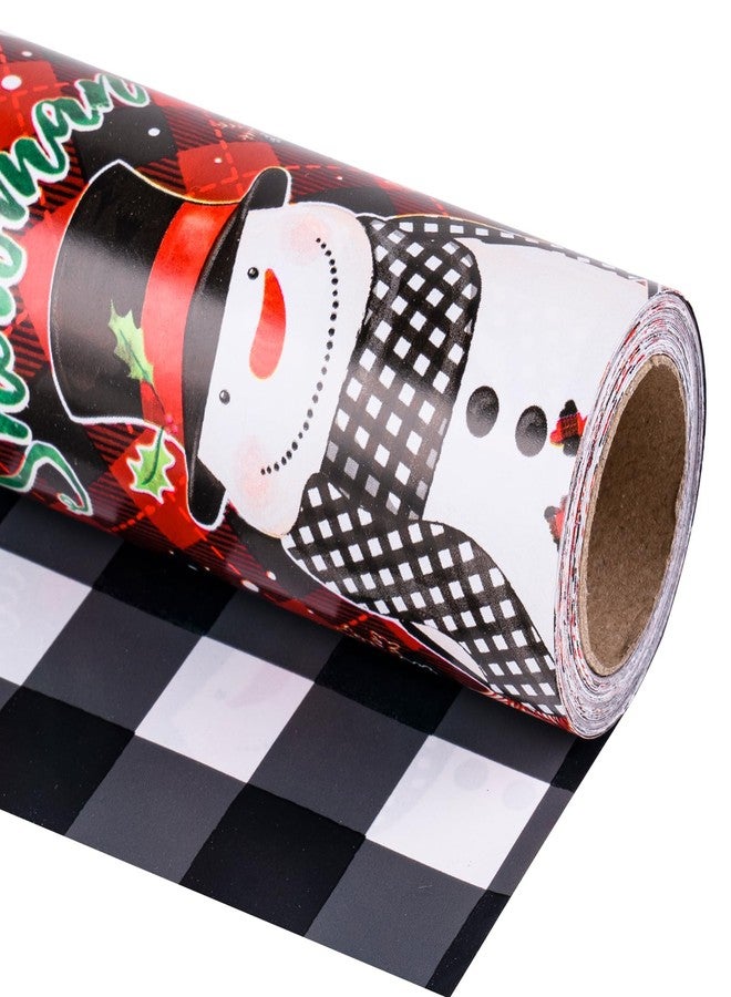 LeZakaa Christmas Wrapping Paper Mini Roll, Snowman & White Black Buffalo Plaid Xmas Reversible Design, Holiday Party Gift Wrap for Kids Boys Girls, 17 in x 32.8 Ft - Image 1